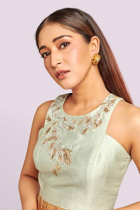 Blue Lotus Design Mint Silk Embroidery Round Neck Layered Lehenga Set Online at Aza Fashions Blue Lotus Design_Mint Silk Embroidery Round Neck Layered Lehenga Set _Online_at_Aza_Fashions