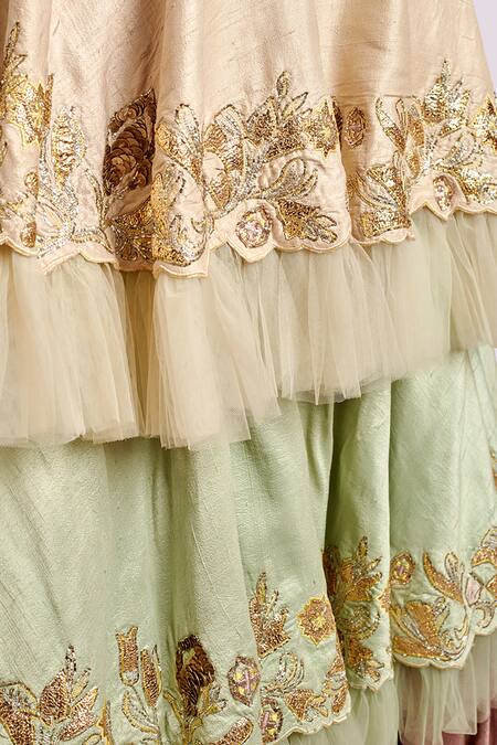 Buy Blue Lotus Design Mint Silk Embroidery Round Neck Layered Lehenga Set Online at Aza Fashions Buy_Blue Lotus Design_Mint Silk Embroidery Round Neck Layered Lehenga Set _Online_at_Aza_Fashions