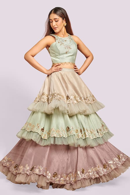 Blue Lotus Design Mint Silk Embroidery Round Neck Layered Lehenga Set 