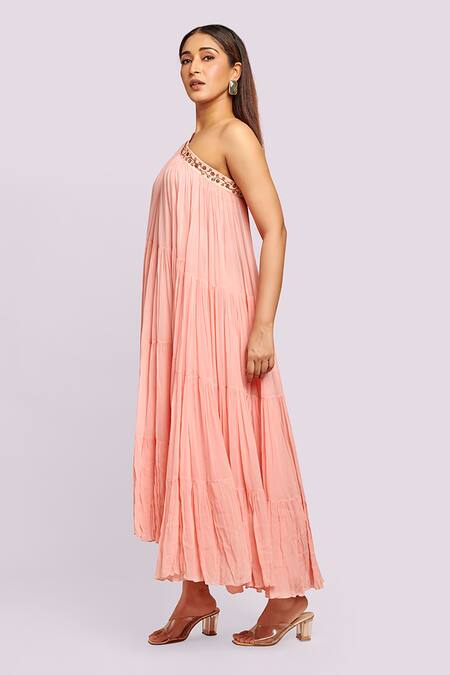 Blue Lotus Design Peach Georgette One Shoulder Asymmetric Ruffled Midi Dress Online at Aza Fashions Blue Lotus Design_Peach Georgette One Shoulder Asymmetric Ruffled Midi Dress _Online_at_Aza_Fashions