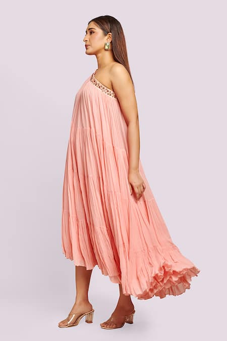 Buy Blue Lotus Design Peach Georgette One Shoulder Asymmetric Ruffled Midi Dress Online at Aza Fashions Buy_Blue Lotus Design_Peach Georgette One Shoulder Asymmetric Ruffled Midi Dress _Online_at_Aza_Fashions