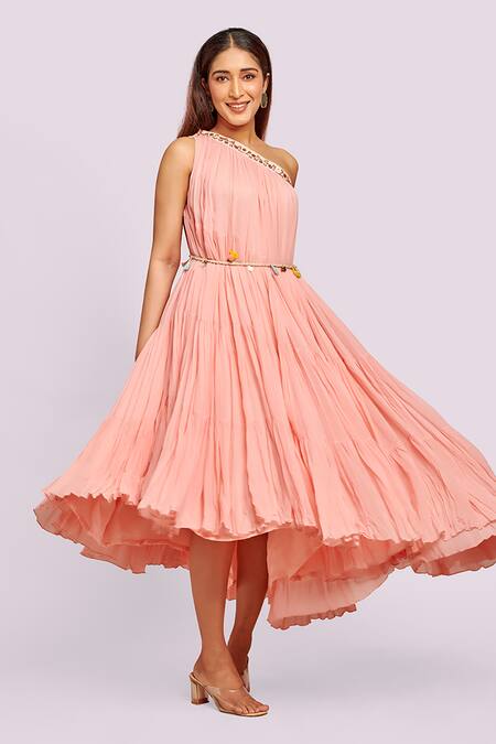 Shop Blue Lotus Design Peach Georgette One Shoulder Asymmetric Ruffled Midi Dress Online at Aza Fashions Shop_Blue Lotus Design_Peach Georgette One Shoulder Asymmetric Ruffled Midi Dress _Online_at_Aza_Fashions