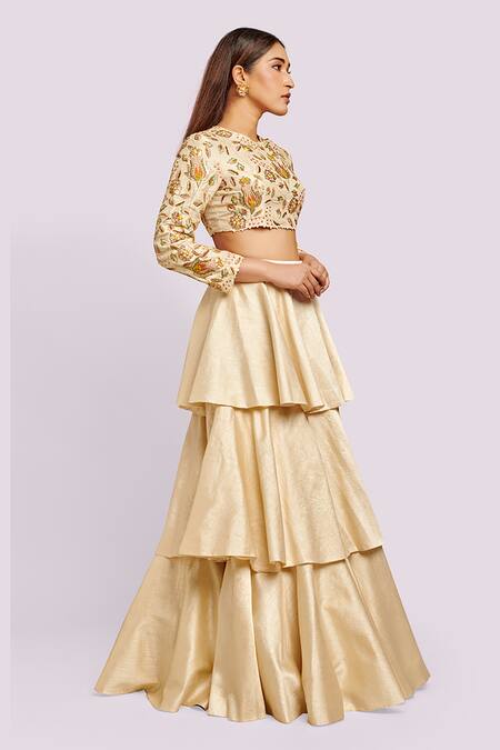 Blue Lotus Design Ivory Embroidery Round Neck Layered Silk Lehenga Set Online at Aza Fashions Blue Lotus Design_Ivory Embroidery Round Neck Layered Silk Lehenga Set _Online_at_Aza_Fashions