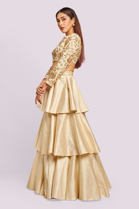 Buy Blue Lotus Design Ivory Embroidery Round Neck Layered Silk Lehenga Set Online at Aza Fashions Buy_Blue Lotus Design_Ivory Embroidery Round Neck Layered Silk Lehenga Set _Online_at_Aza_Fashions