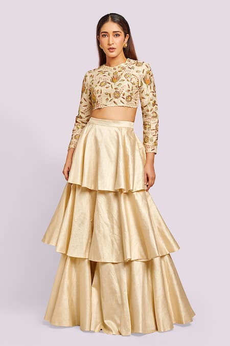 Blue Lotus Design Layered Silk Lehenga Set 