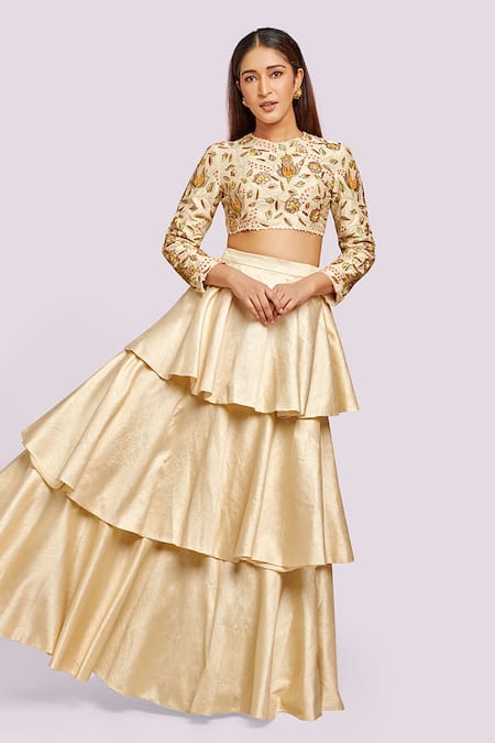 Shop Blue Lotus Design Ivory Embroidery Round Neck Layered Silk Lehenga Set at Aza Fashions Shop_Blue Lotus Design_Ivory Embroidery Round Neck Layered Silk Lehenga Set _at_Aza_Fashions