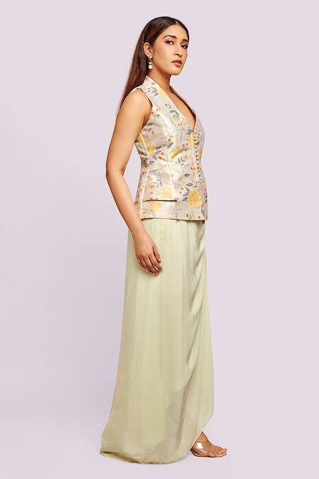 Blue Lotus Design Ivory Embroidery Halter Neck Printed Top And Drape Skirt Online at Aza Fashions Blue Lotus Design_Ivory Embroidery Halter Neck Printed Top And Drape Skirt _Online_at_Aza_Fashions