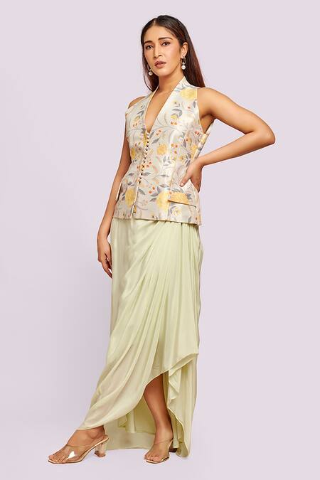 Buy Blue Lotus Design Ivory Embroidery Halter Neck Printed Top And Drape Skirt Online at Aza Fashions Buy_Blue Lotus Design_Ivory Embroidery Halter Neck Printed Top And Drape Skirt _Online_at_Aza_Fashions