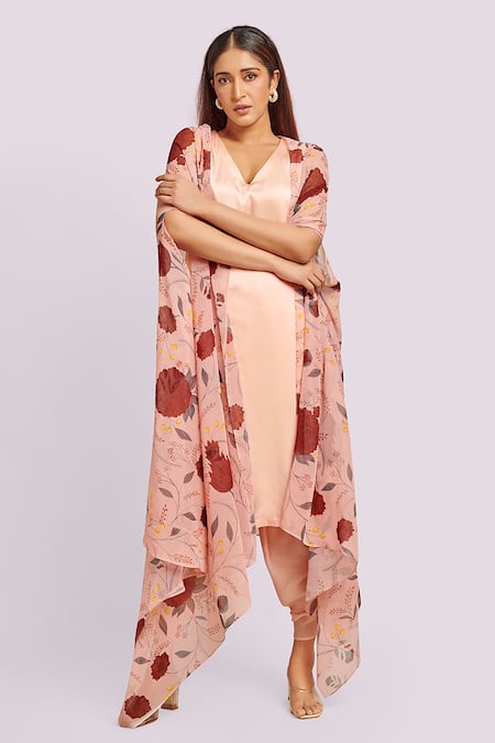 Buy Blue Lotus Design Peach Satin, Georgette V-neck Floral Print Cape And Kurta Set Online at Aza Fashions Buy_Blue Lotus Design_Peach Satin, Georgette V-neck Floral Print Cape And Kurta Set _Online_at_Aza_Fashions