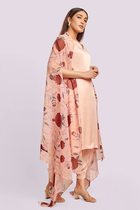 Shop Blue Lotus Design Peach Satin, Georgette V-neck Floral Print Cape And Kurta Set Online at Aza Fashions Shop_Blue Lotus Design_Peach Satin, Georgette V-neck Floral Print Cape And Kurta Set _Online_at_Aza_Fashions
