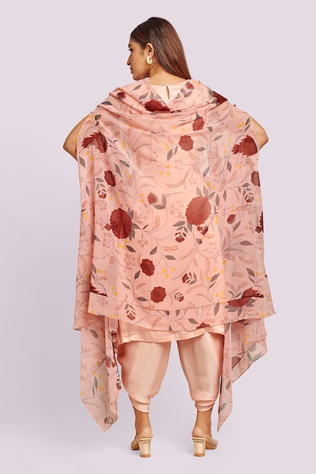 Shop Blue Lotus Design Peach Satin, Georgette V-neck Floral Print Cape And Kurta Set at Aza Fashions Shop_Blue Lotus Design_Peach Satin, Georgette V-neck Floral Print Cape And Kurta Set _at_Aza_Fashions