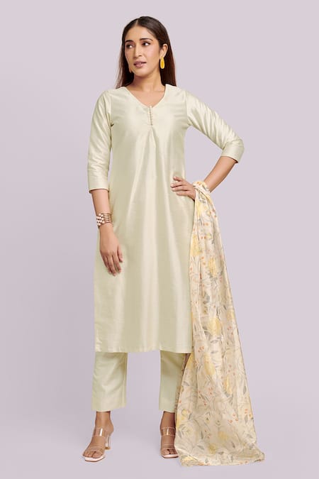 Blue Lotus Design Ivory Organza V-neck Printed Dupatta Kurta Set 
