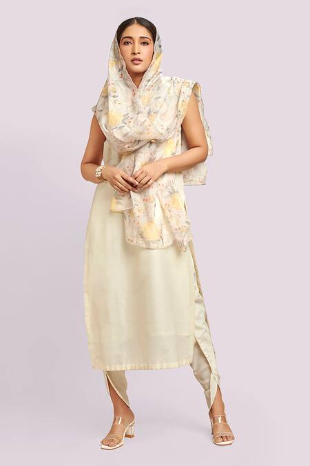 Blue Lotus Design_Ivory Organza, Satin V-neck Printed Dupatta Kurta Set _Online_at_Aza_Fashions