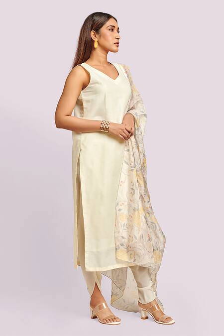 Buy_Blue Lotus Design_Ivory Organza, Satin V-neck Printed Dupatta Kurta Set _Online_at_Aza_Fashions