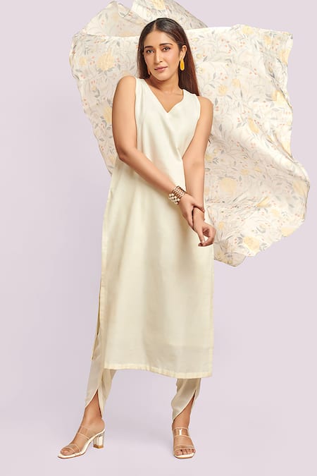 Blue Lotus Design Ivory Printed Organza Dupatta Kurta Set 