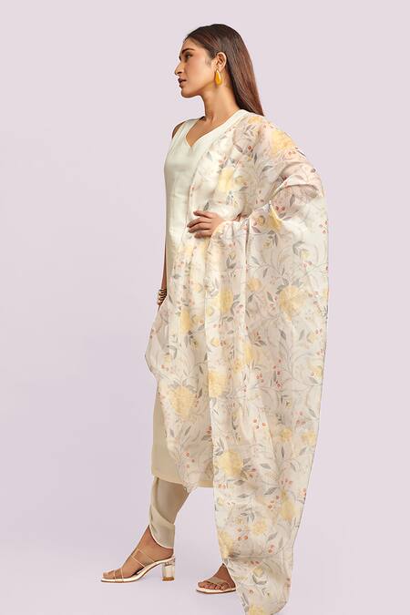 Shop_Blue Lotus Design_Ivory Organza, Satin V-neck Printed Dupatta Kurta Set _Online_at_Aza_Fashions