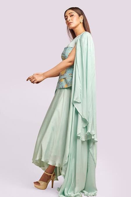 Blue Lotus Design Blue Silk Embroidery Asymmetric Light Lehenga Set Online at Aza Fashions Blue Lotus Design_Blue Silk Embroidery Asymmetric Light Lehenga Set _Online_at_Aza_Fashions