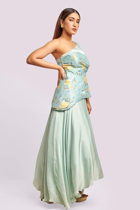 Buy Blue Lotus Design Blue Silk Embroidery Asymmetric Light Lehenga Set Online at Aza Fashions Buy_Blue Lotus Design_Blue Silk Embroidery Asymmetric Light Lehenga Set _Online_at_Aza_Fashions