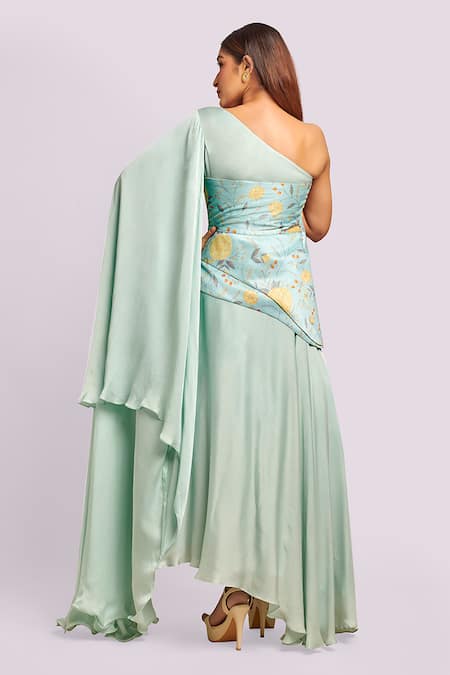 Shop Blue Lotus Design Blue Silk Embroidery Asymmetric Light Lehenga Set at Aza Fashions Shop_Blue Lotus Design_Blue Silk Embroidery Asymmetric Light Lehenga Set _at_Aza_Fashions