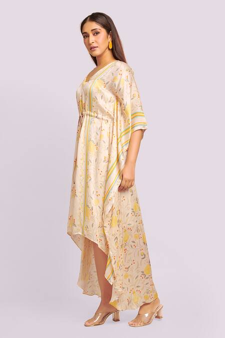 Blue Lotus Design Ivory Modal, Satin V-neck Asymmetrical Printed Kaftan Online at Aza Fashions Blue Lotus Design_Ivory Modal, Satin V-neck Asymmetrical Printed Kaftan _Online_at_Aza_Fashions