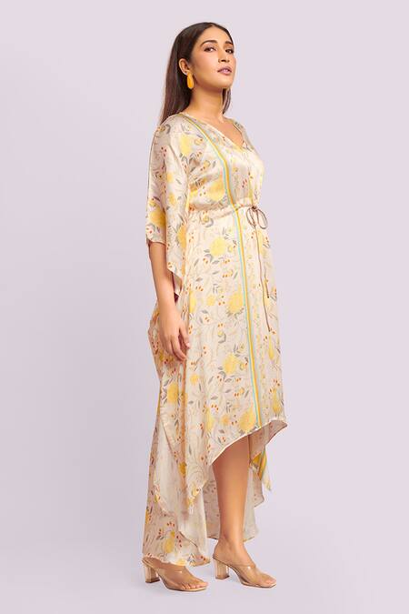 Buy Blue Lotus Design Ivory Modal, Satin V-neck Asymmetrical Printed Kaftan Online at Aza Fashions Buy_Blue Lotus Design_Ivory Modal, Satin V-neck Asymmetrical Printed Kaftan _Online_at_Aza_Fashions