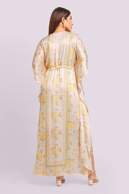 Shop Blue Lotus Design Ivory Modal, Satin V-neck Asymmetrical Printed Kaftan at Aza Fashions Shop_Blue Lotus Design_Ivory Modal, Satin V-neck Asymmetrical Printed Kaftan _at_Aza_Fashions