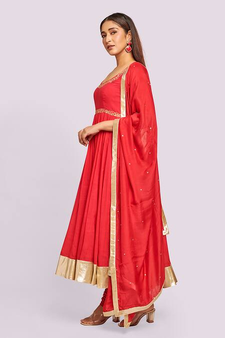Blue Lotus Design_Red Cotton Zari, Embroidery Round Neck Anarkali Set _Online_at_Aza_Fashions