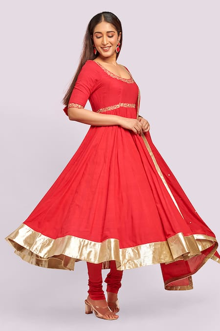 Buy_Blue Lotus Design_Red Cotton Zari, Embroidery Round Neck Anarkali Set _Online_at_Aza_Fashions