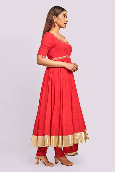Shop_Blue Lotus Design_Red Cotton Zari, Embroidery Round Neck Anarkali Set _Online_at_Aza_Fashions