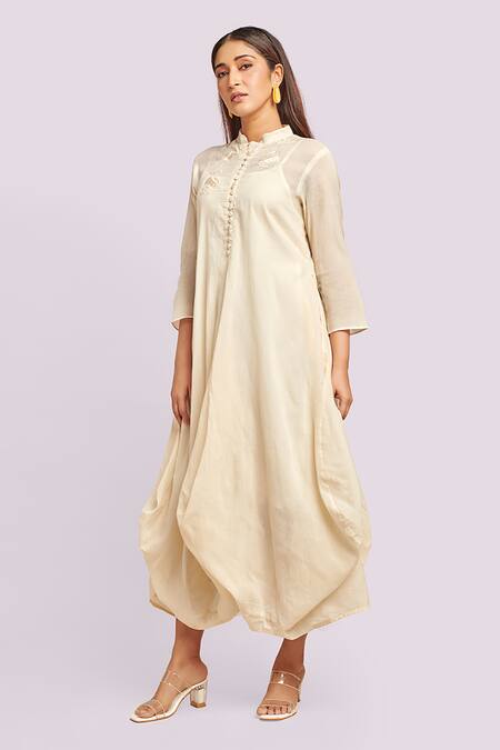 Blue Lotus Design Ivory Cotton Embroidery Round Neck Drape Midi Dress Online at Aza Fashions Blue Lotus Design_Ivory Cotton Embroidery Round Neck Drape Midi Dress _Online_at_Aza_Fashions