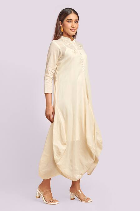 Buy Blue Lotus Design Ivory Cotton Embroidery Round Neck Drape Midi Dress Online at Aza Fashions Buy_Blue Lotus Design_Ivory Cotton Embroidery Round Neck Drape Midi Dress _Online_at_Aza_Fashions