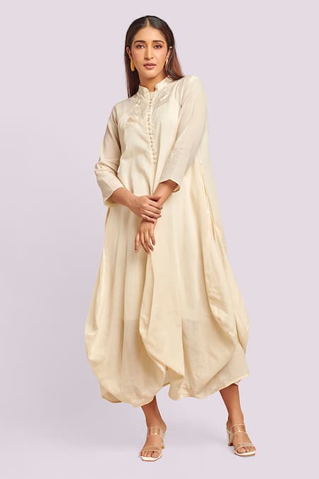 Blue Lotus Design Embroidered Ivory Drape Midi Dress 