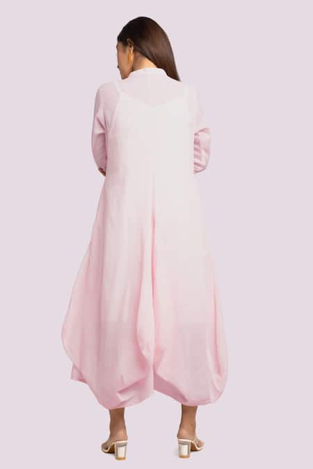 Shop Blue Lotus Design Pink Cotton Embroidery High Neck Light Drape Dress at Aza Fashions Shop_Blue Lotus Design_Pink Cotton Embroidery High Neck Light Drape Dress _at_Aza_Fashions