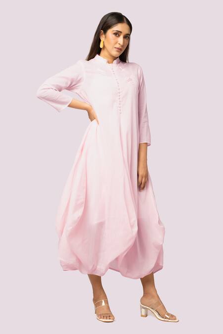 Buy Blue Lotus Design Pink Cotton Embroidery High Neck Light Drape Dress Online at Aza Fashions Buy_Blue Lotus Design_Pink Cotton Embroidery High Neck Light Drape Dress _Online_at_Aza_Fashions