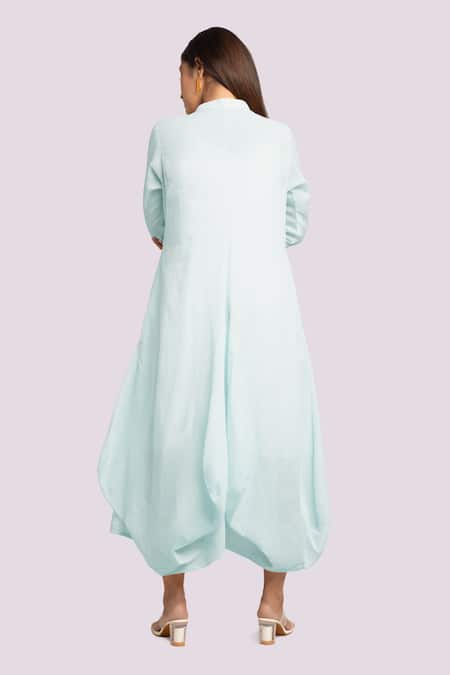 Shop Blue Lotus Design Blue Embroidery Mandarin Collar Drape Dress With at Aza Fashions Shop_Blue Lotus Design_Blue Embroidery Mandarin Collar Drape Dress With _at_Aza_Fashions