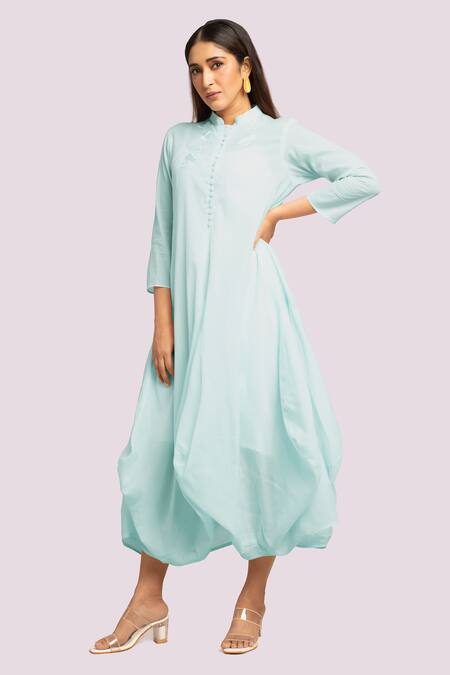 Blue Lotus Design Blue Embroidery Mandarin Collar Drape Dress With Online at Aza Fashions Blue Lotus Design_Blue Embroidery Mandarin Collar Drape Dress With _Online_at_Aza_Fashions