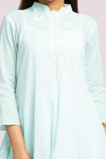 Buy Blue Lotus Design Blue Embroidery Mandarin Collar Drape Dress With Online at Aza Fashions Buy_Blue Lotus Design_Blue Embroidery Mandarin Collar Drape Dress With _Online_at_Aza_Fashions