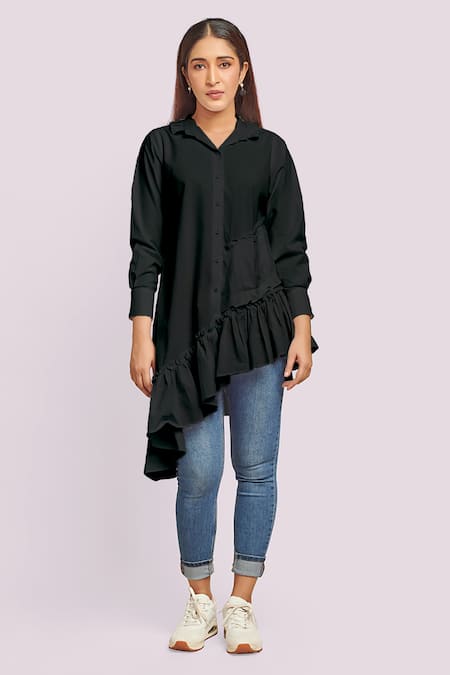 Shop Blue Lotus Design Black Cotton Collared Asymmetrical Ruffle Tunic at Aza Fashions Shop_Blue Lotus Design_Black Cotton Collared Asymmetrical Ruffle Tunic _at_Aza_Fashions