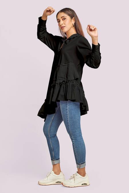 Blue Lotus Design Black Cotton Collared Asymmetrical Ruffle Tunic Online at Aza Fashions Blue Lotus Design_Black Cotton Collared Asymmetrical Ruffle Tunic _Online_at_Aza_Fashions