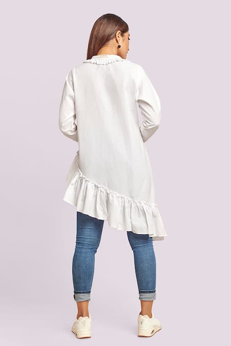 Shop Blue Lotus Design White Cotton Ruffles Collared Asymmetrical Tunic With at Aza Fashions Shop_Blue Lotus Design_White Cotton Ruffles Collared Asymmetrical Tunic With _at_Aza_Fashions