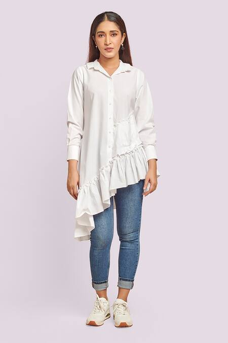 Blue Lotus Design White Cotton Ruffles Collared Asymmetrical Tunic With Online at Aza Fashions Blue Lotus Design_White Cotton Ruffles Collared Asymmetrical Tunic With _Online_at_Aza_Fashions