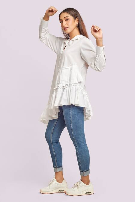 Buy Blue Lotus Design White Cotton Ruffles Collared Asymmetrical Tunic With Online at Aza Fashions Buy_Blue Lotus Design_White Cotton Ruffles Collared Asymmetrical Tunic With _Online_at_Aza_Fashions
