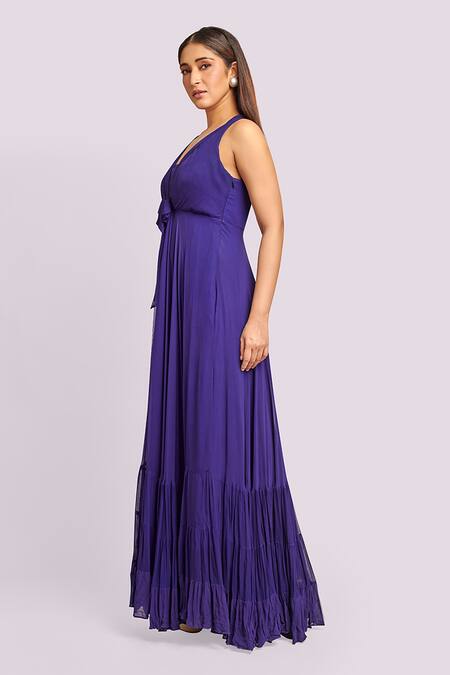 Blue Lotus Design Blue Georgette Ruffles Halter Neck Maxi Dress Online at Aza Fashions Blue Lotus Design_Blue Georgette Ruffles Halter Neck Maxi Dress _Online_at_Aza_Fashions