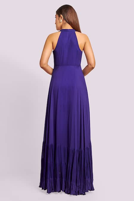 Shop Blue Lotus Design Blue Georgette Ruffles Halter Neck Maxi Dress at Aza Fashions Shop_Blue Lotus Design_Blue Georgette Ruffles Halter Neck Maxi Dress _at_Aza_Fashions