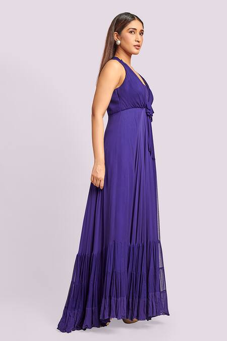 Buy Blue Lotus Design Blue Georgette Ruffles Halter Neck Maxi Dress Online at Aza Fashions Buy_Blue Lotus Design_Blue Georgette Ruffles Halter Neck Maxi Dress _Online_at_Aza_Fashions