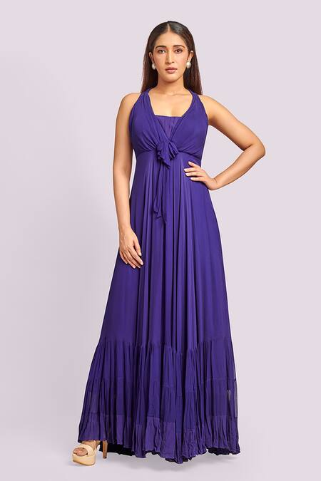 Shop Blue Lotus Design Blue Georgette Ruffles Halter Neck Maxi Dress Online at Aza Fashions Shop_Blue Lotus Design_Blue Georgette Ruffles Halter Neck Maxi Dress _Online_at_Aza_Fashions