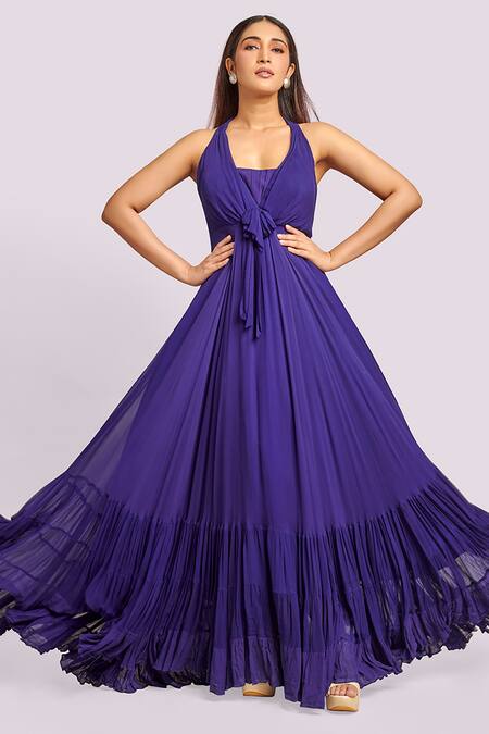 Blue Lotus Design Blue Ruffled Halter Neck Maxi Dress 