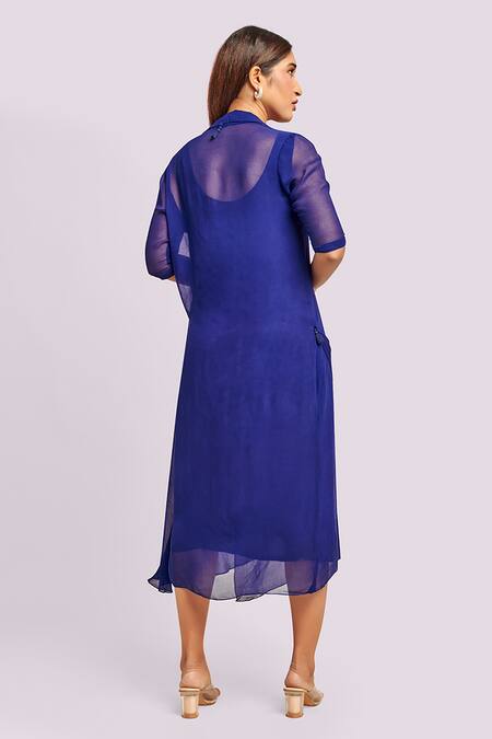 Shop Blue Lotus Design Blue Georgette Round Neck Designer Drape Midi Dress at Aza Fashions Shop_Blue Lotus Design_Blue Georgette Round Neck Designer Drape Midi Dress _at_Aza_Fashions