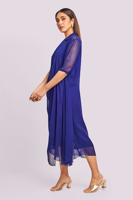 Blue Lotus Design Blue Georgette Round Neck Designer Drape Midi Dress Online at Aza Fashions Blue Lotus Design_Blue Georgette Round Neck Designer Drape Midi Dress _Online_at_Aza_Fashions