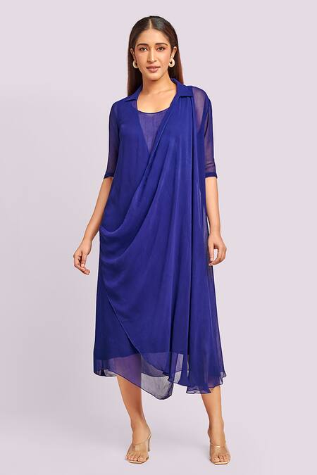 Buy Blue Lotus Design Blue Georgette Round Neck Designer Drape Midi Dress Online at Aza Fashions Buy_Blue Lotus Design_Blue Georgette Round Neck Designer Drape Midi Dress _Online_at_Aza_Fashions